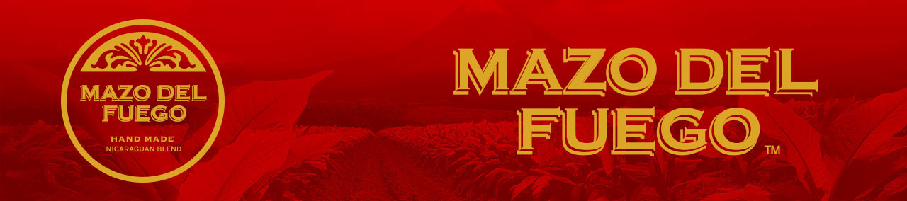 Brand banner for Mazo Del Fuego featuring a circular logo on the left and bold gold text 'MAZO DEL FUEGO' on a red background.