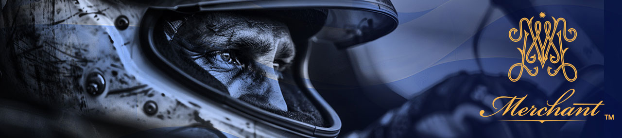 Close-up of a helmeted driver with a focused gaze against a blue abstract background, featuring a gold Merchant logo on the right.