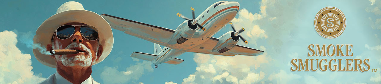 Older man in a white hat and sunglasses smokes a cigar as a vintage propeller plane flies overhead; Smoke Smugglers logo appears on the right.