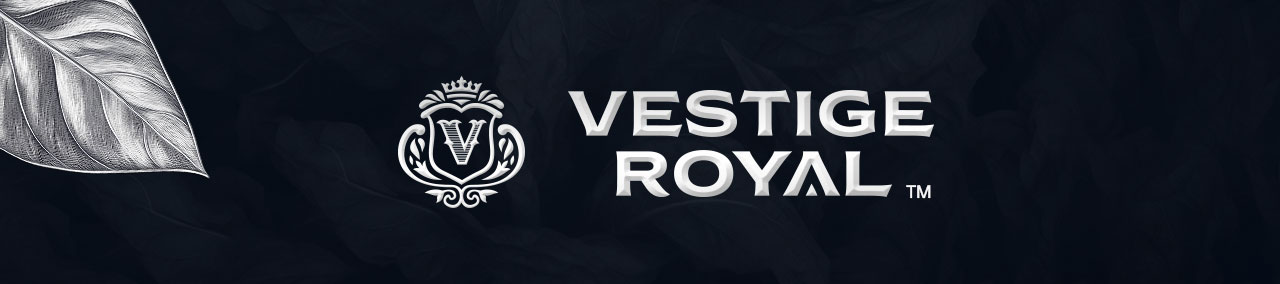 Dark banner featuring the Vestige Royal logo with crest and bold text on a textured navy background; a silver leaf sits in the top-left corner.