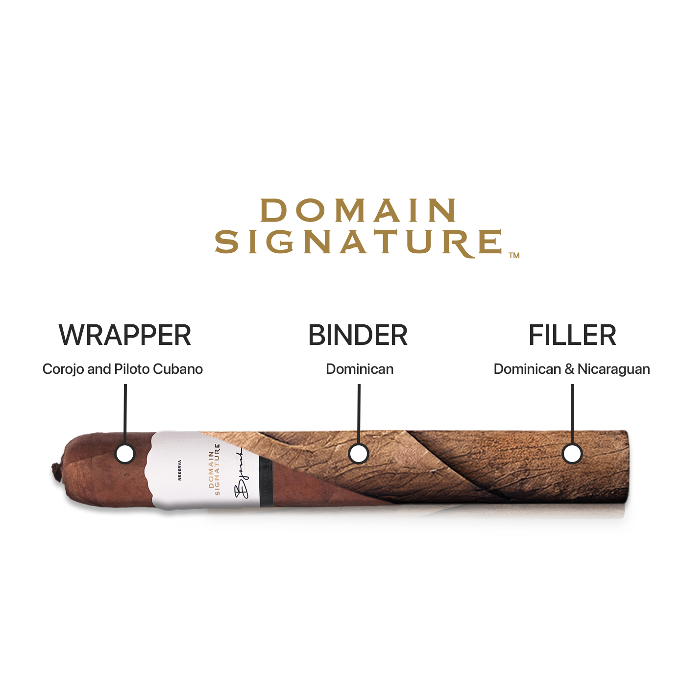 Domain Signature cigar infographic showing Wrapper, Binder, Filler with origins: Wrapper—Corojo and Piloto Cubano; Binder—Dominican; Filler—Dominican & Nicaraguan.